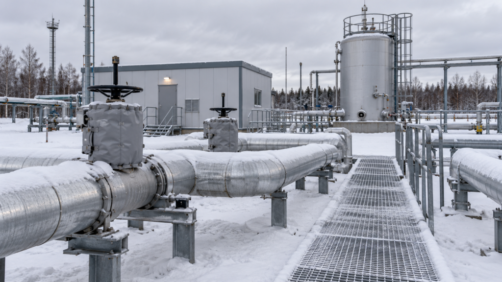 Обогрев нефтегазового оборудования зимой - трубопровод, арматура и резервуар на промышленной площадке
